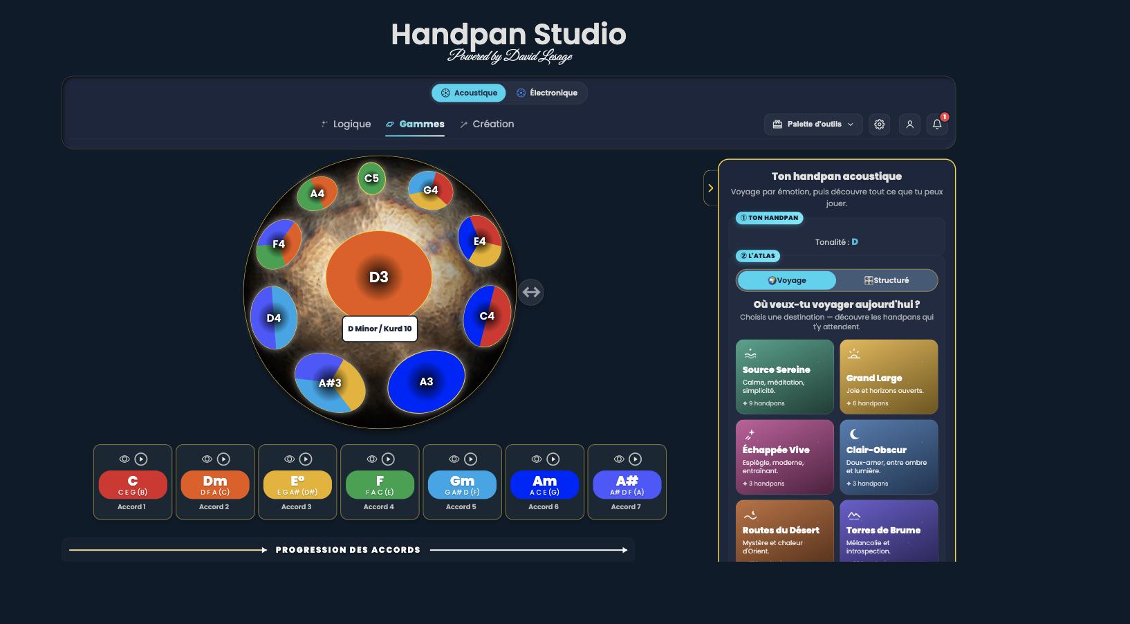 Le mode acoustique : l’approche visuelle de Handpan Studio, sur ton propre handpan.