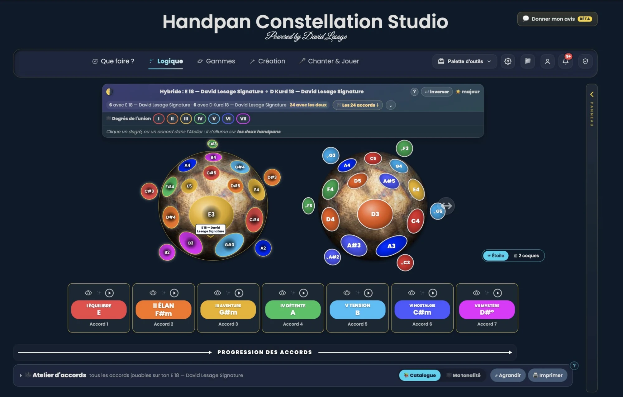 Captura de pantalla de Handpan Constellation Studio, pestaña Logic, mis dos handpans Yishama dibujados uno al lado del otro, con todas sus notas mostradas como puntos de colores: a la izquierda, el E 18 (ding E3), a la derecha, el D Kurd 18 (ding D3), incluyendo las notas de abajo. El banner superior indica 6 acordes con el E 18, 6 con el D Kurd 18 y 24 con ambos combinados. Abajo, los siete grados de unión: I Balance E, II Momentum F♯m, III Adventure G♯m, IV Relaxation A, V Tension B, VI Nostalgia C♯m, VII Mystery D♯°.