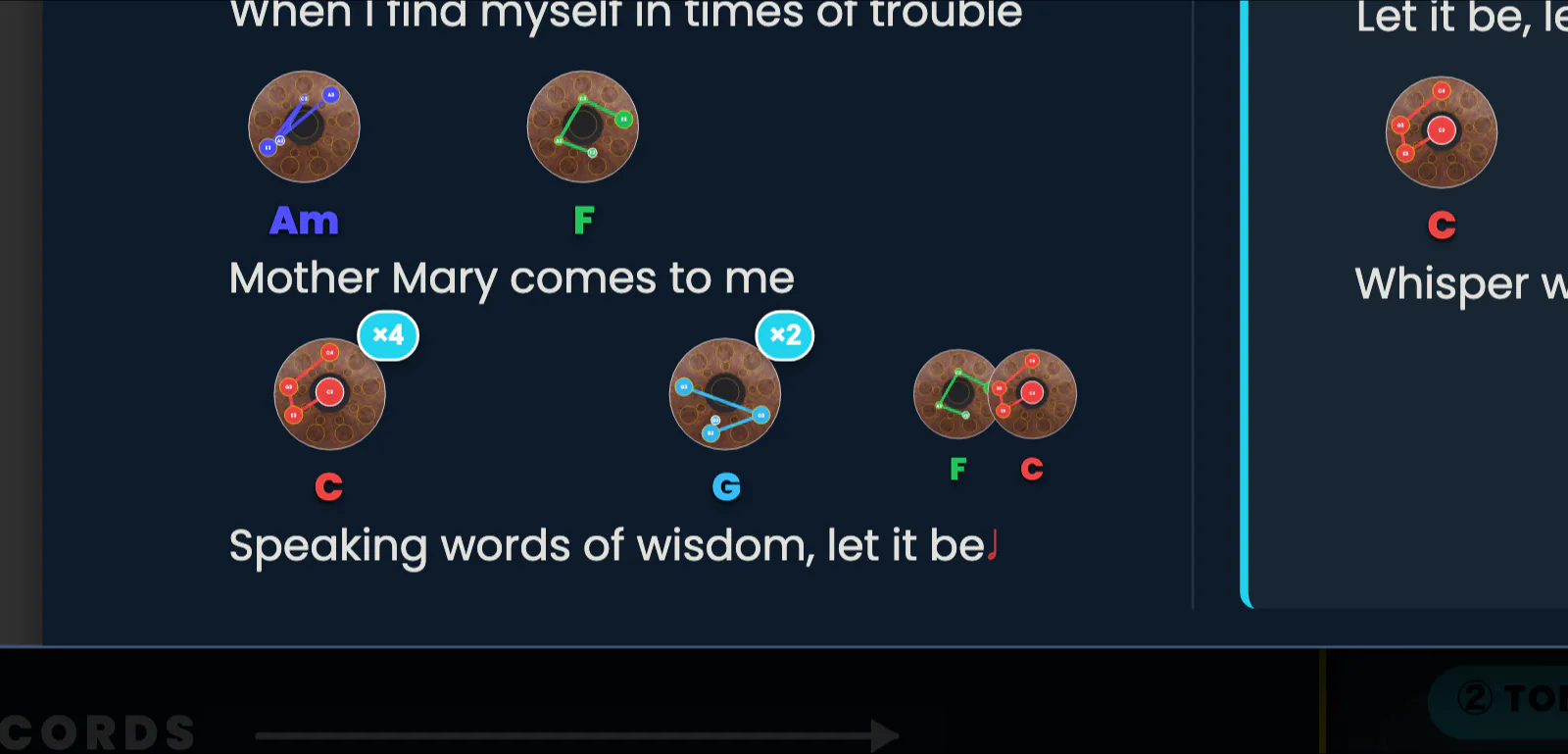 Détail d'une ligne de paroles de Let It Be : au-dessus des mots « Speaking words of wisdom, let it be », trois diagrammes d'accords — C, G, puis F et C côte à côte. Le diagramme de C porte un badge cyan « ×4 », celui de G un badge « ×2 ».
