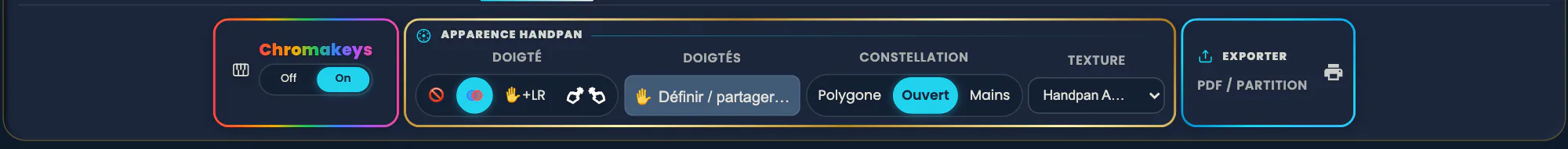 La bande d'outils entière au niveau Découverte. L'îlot Chromakeys ne contient plus qu'un interrupteur Off/On sous son nom : les trois réglages détaillés ont disparu. À côté, l'îlot Apparence Handpan est réduit à Doigté, Doigtés, Constellation et Texture, puis l'îlot Exporter.